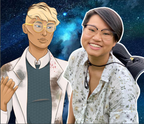 An image with a starry night background and a digital drawing of a light brown skinned human person with golden hair, round glasses, and a dirty white lab coat. To their right is a headshot of a person with short black hair, glasses, and a floral shirt.