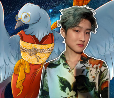 An image with a starry night background with a digital drawing of an aarakocra person with gray-blue feathers, round glasses, and a deep red robe with a golden sash. Next to them is a person with short blue hair wearing a floral print shirt.