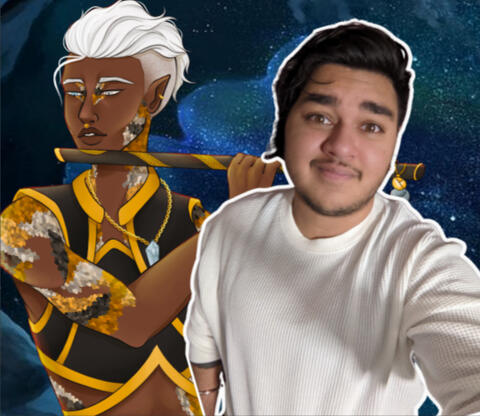 An image with a starry night background and a digital drawing of a yuan-ti person with dark brown skin and short white hair shaved on the sides, wearing a black and gold robe and playing a flute. Next to them is a person with short black hair.