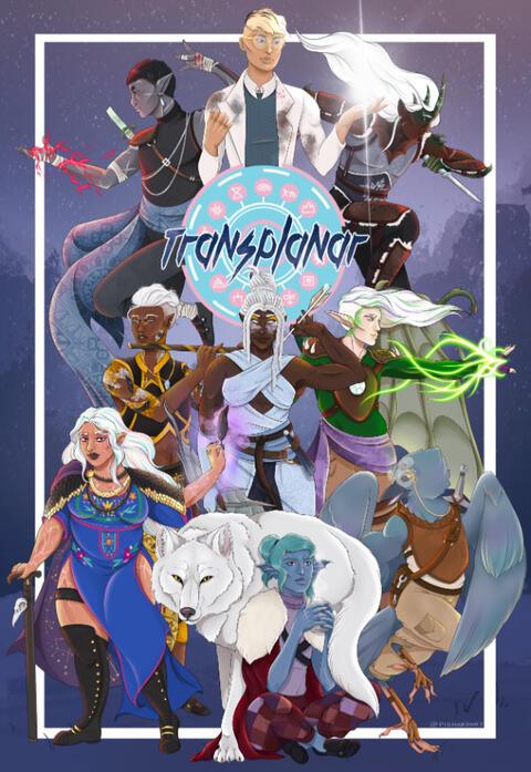 An image with a starry night background and a digital drawing of a changeling person with long white hair streaked with pastel colors wearing a colorful blue, green, and pink robe and holding a raven feather. Next to them is a person with short black hair.